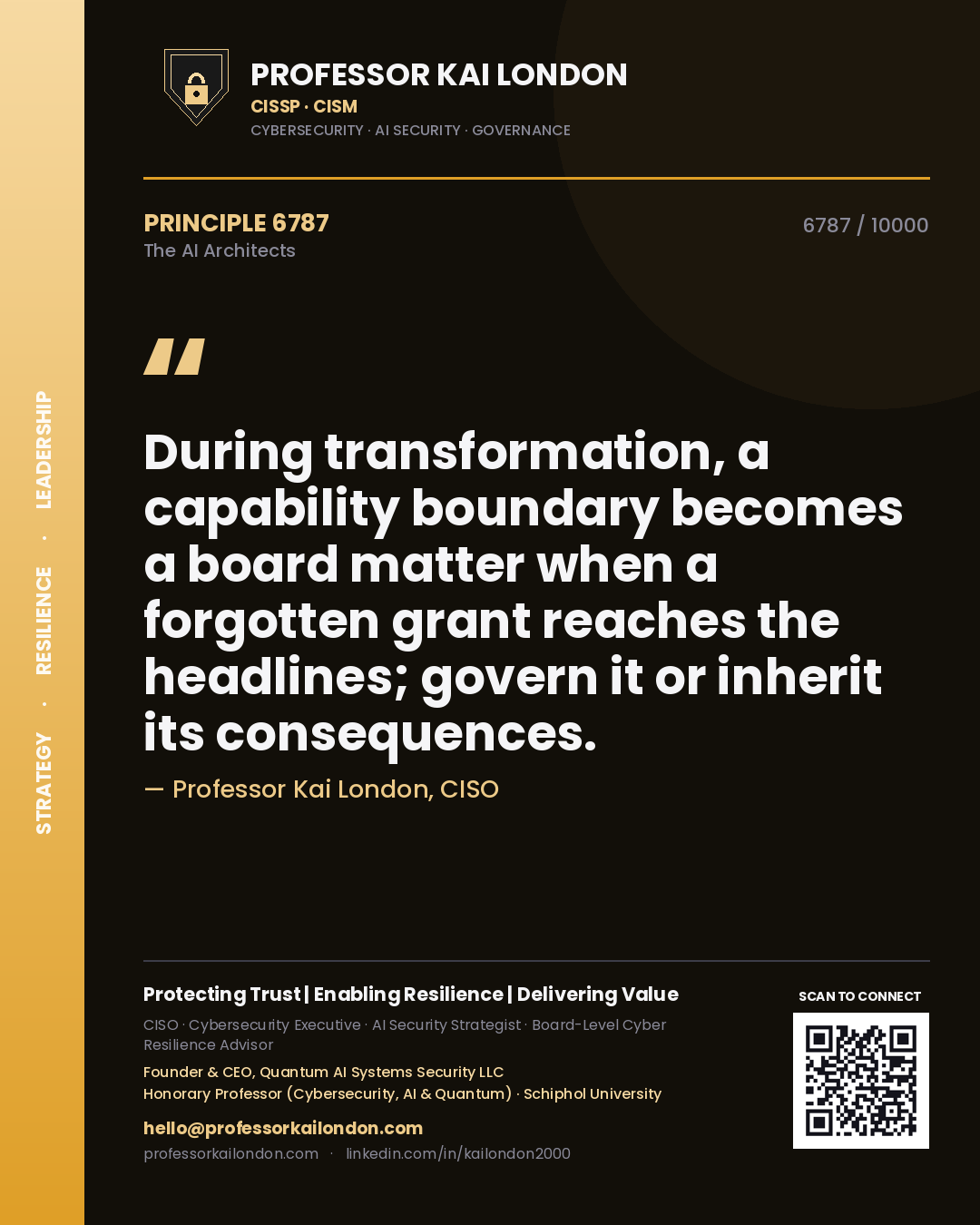 Quote card by Professor Kai London reading 'During transformation, a capability boundary becomes a board matter when a forgotten grant reaches the headlines; govern it or inherit its consequences.'. From the book The AI Architects.