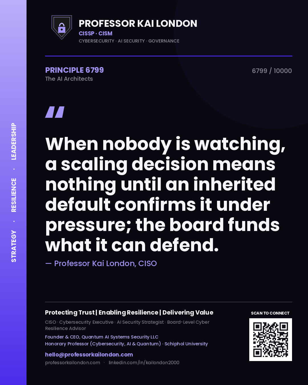 Professor Kai London principle 6799: When nobody is watching, a scaling decision means nothing until an inherited default confirms it under pressure; the board funds what it can defend.