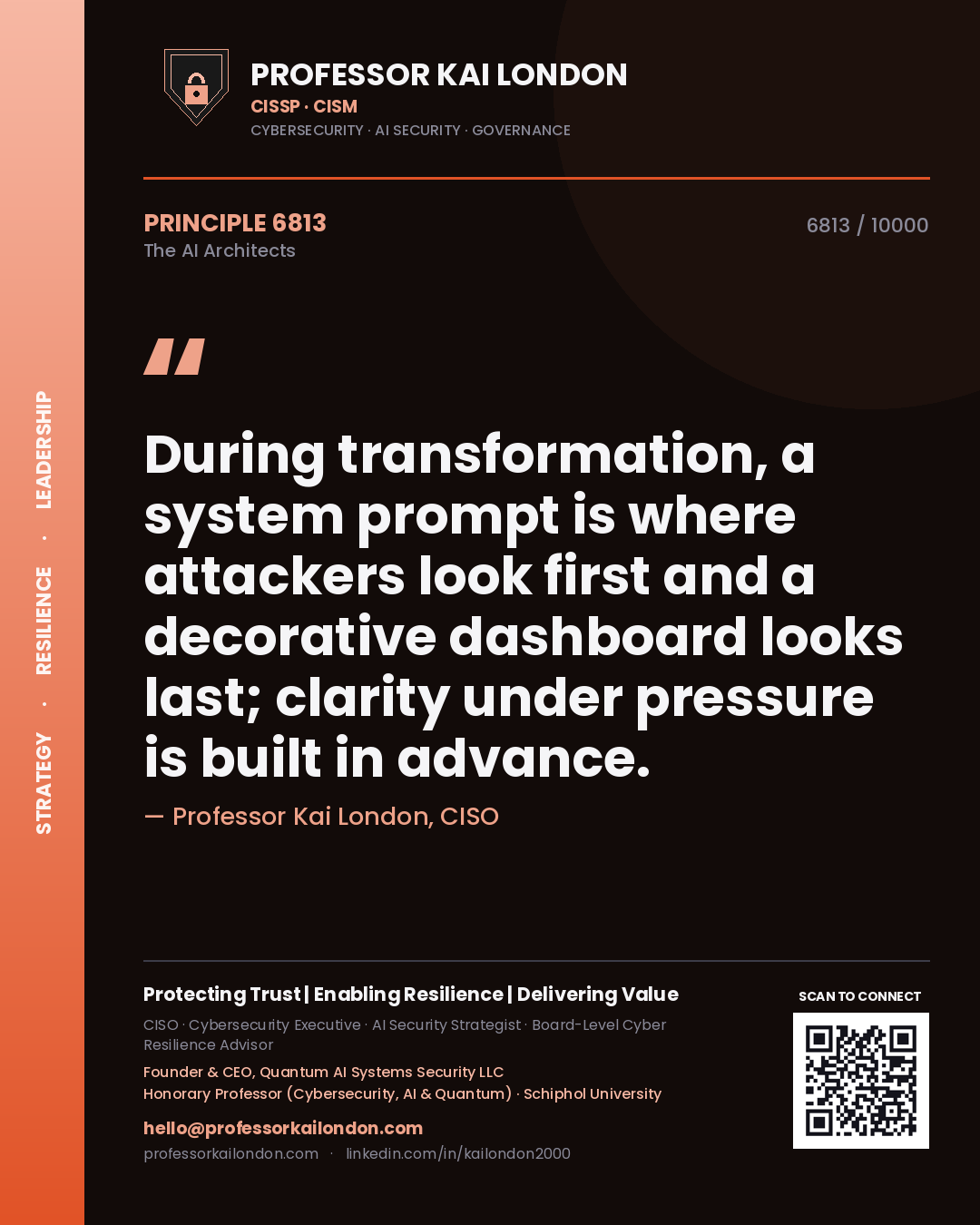 Professor Kai London principle 6813: During transformation, a system prompt is where attackers look first and a decorative dashboard looks last; clarity under pressure is built in advance.