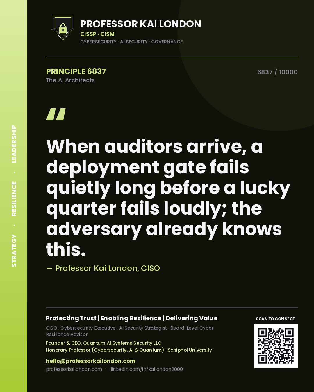 Quote card by Professor Kai London reading 'When auditors arrive, a deployment gate fails quietly long before a lucky quarter fails loudly; the adversary already knows this.'. From the book The AI Architects.