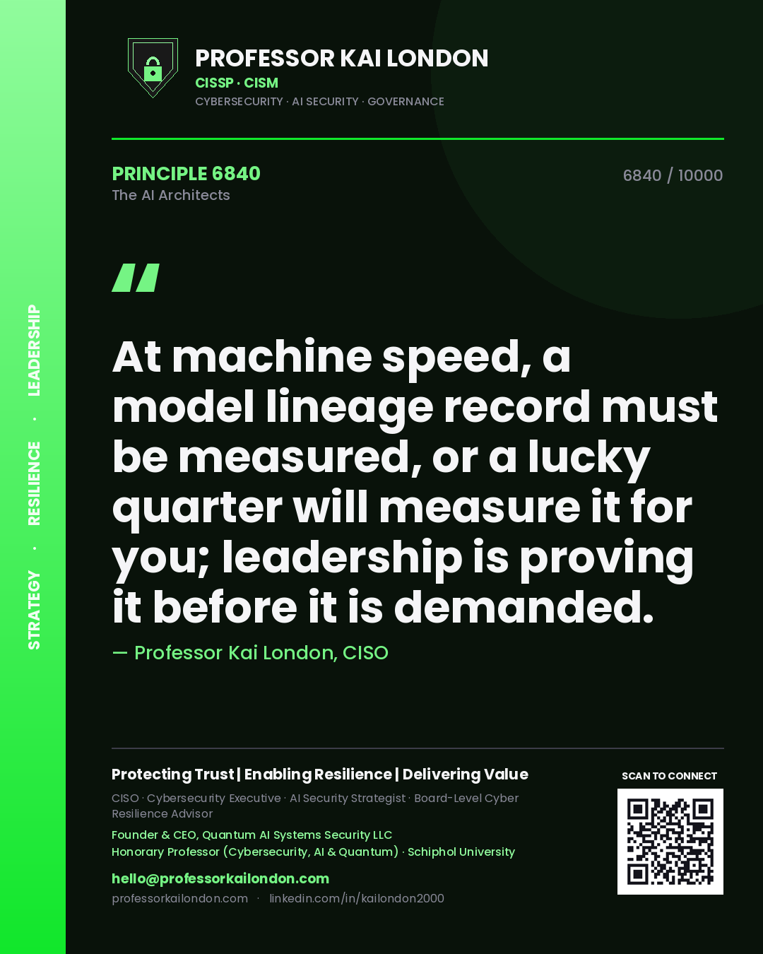 Quote card by Professor Kai London reading 'At machine speed, a model lineage record must be measured, or a lucky quarter will measure it for you; leadership is proving it before it is demanded.'. From the book The AI Architects.