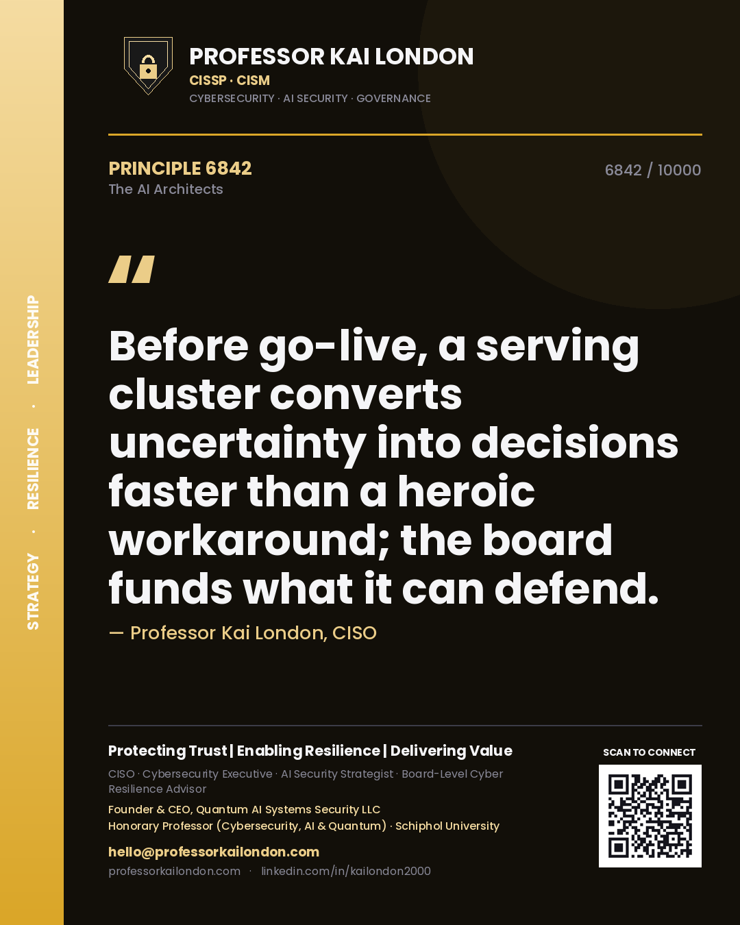 Quote card by Professor Kai London reading 'Before go-live, a serving cluster converts uncertainty into decisions faster than a heroic workaround; the board funds what it can defend.'. From the book The AI Architects.