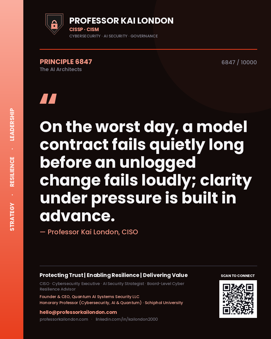 Quote card by Professor Kai London reading 'On the worst day, a model contract fails quietly long before an unlogged change fails loudly; clarity under pressure is built in advance.'. From the book The AI Architects.