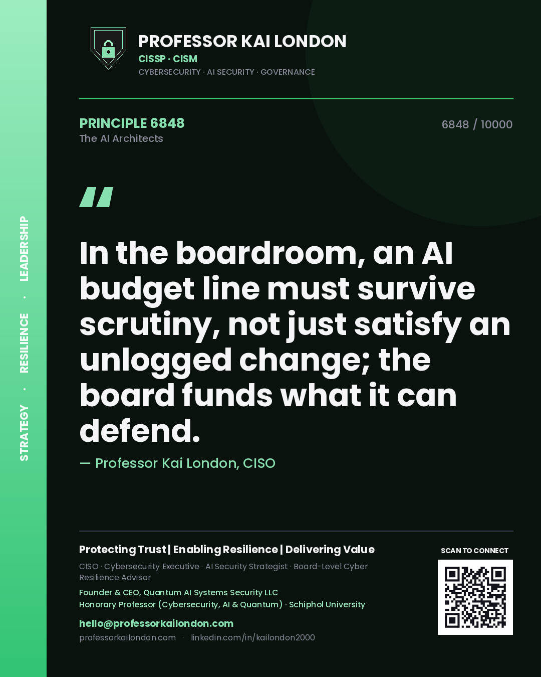 Quote card by Professor Kai London reading 'In the boardroom, an AI budget line must survive scrutiny, not just satisfy an unlogged change; the board funds what it can defend.'. From the book The AI Architects.