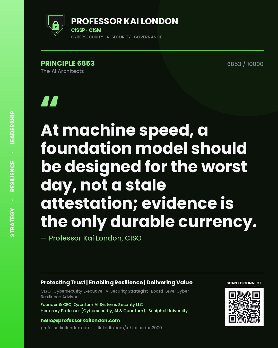Quote card by Professor Kai London reading 'At machine speed, a foundation model should be designed for the worst day, not a stale attestation; evidence is the only durable currency.'. From the book The AI Architects.