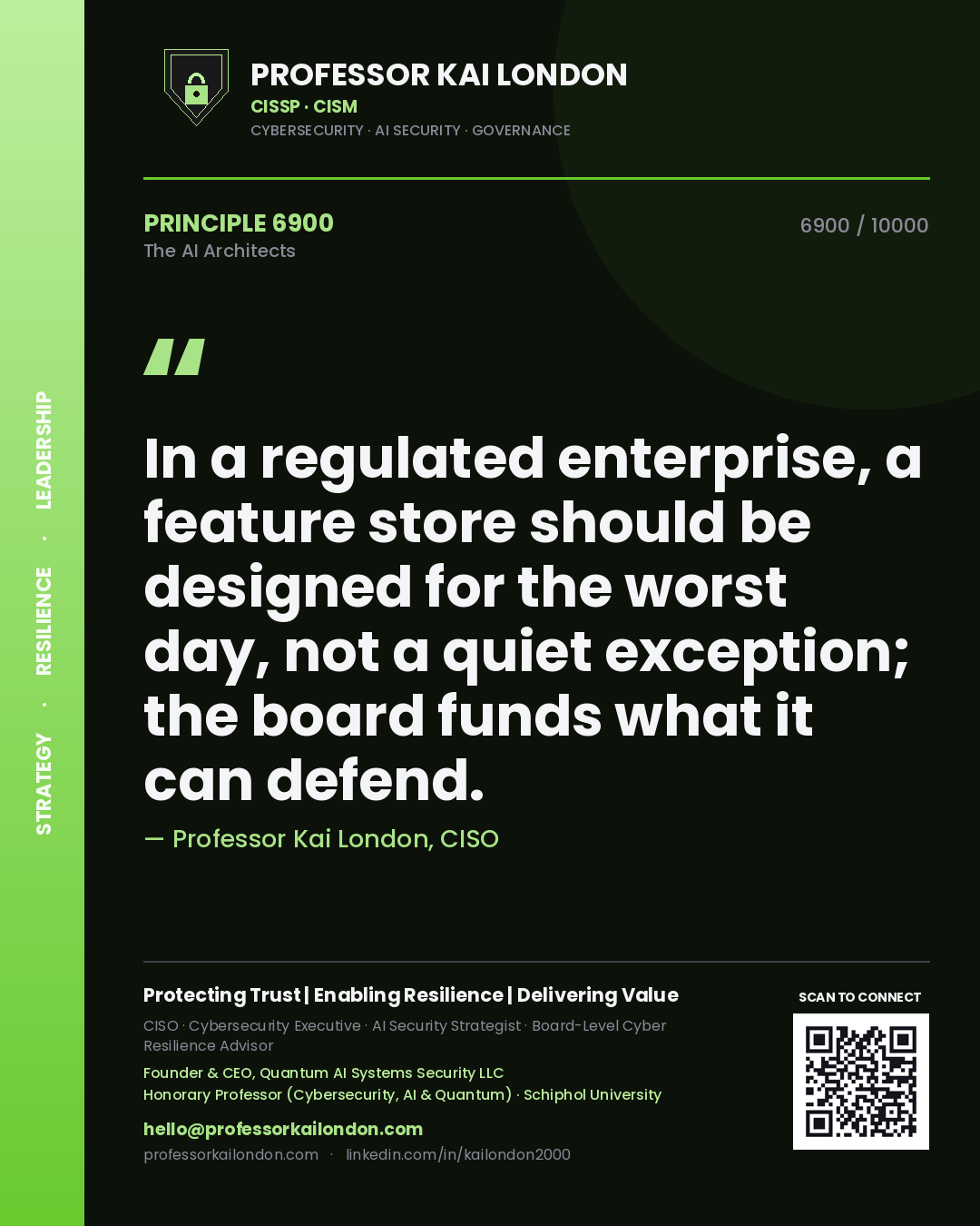 Professor Kai London principle 6900: In a regulated enterprise, a feature store should be designed for the worst day, not a quiet exception; the board funds what it can defend.