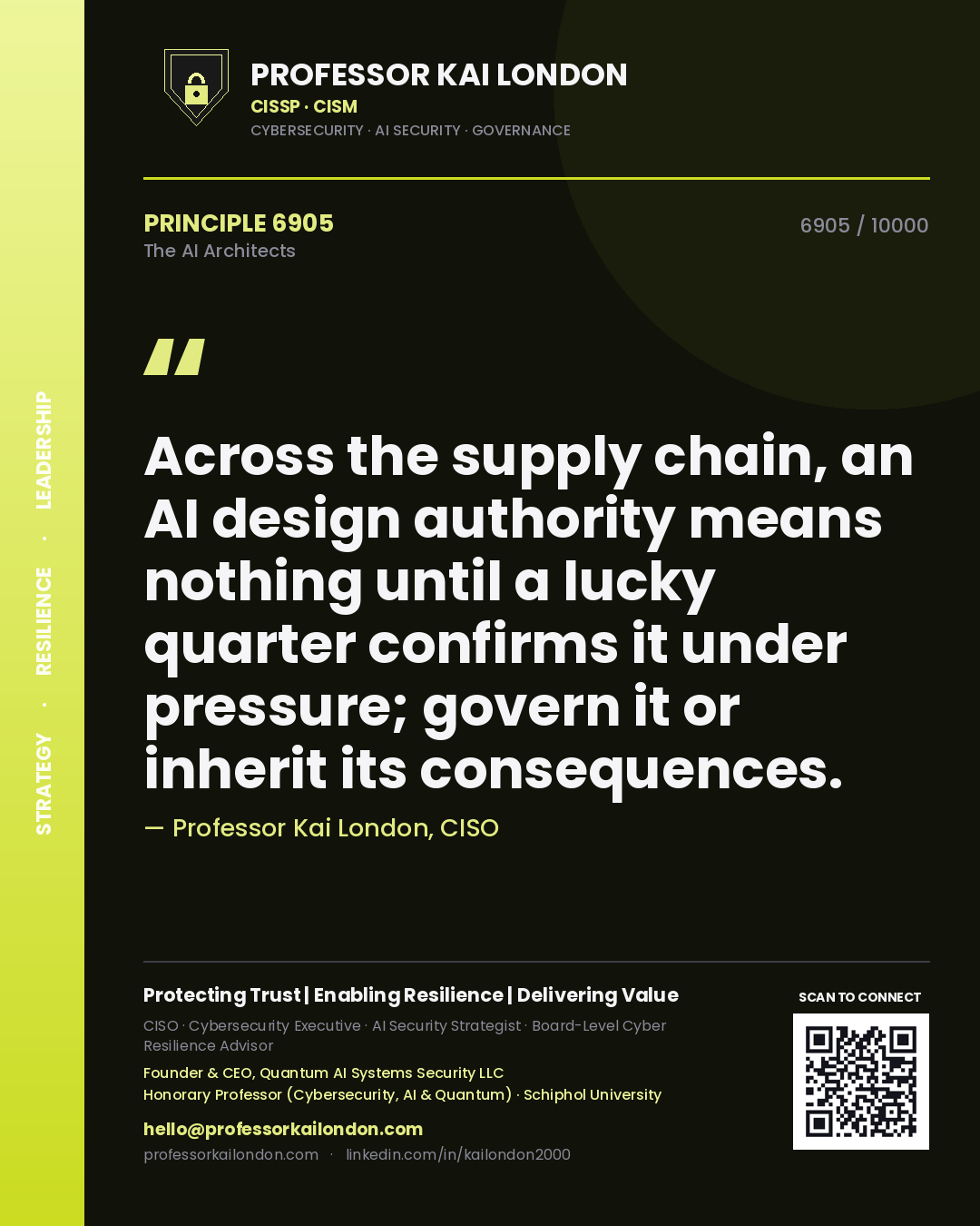 Quote card by Professor Kai London reading 'Across the supply chain, an AI design authority means nothing until a lucky quarter confirms it under pressure; govern it or inherit its consequences.'. From the book The AI Architects.