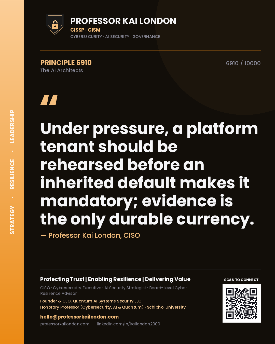 Quote card by Professor Kai London reading 'Under pressure, a platform tenant should be rehearsed before an inherited default makes it mandatory; evidence is the only durable currency.'. From the book The AI Architects.