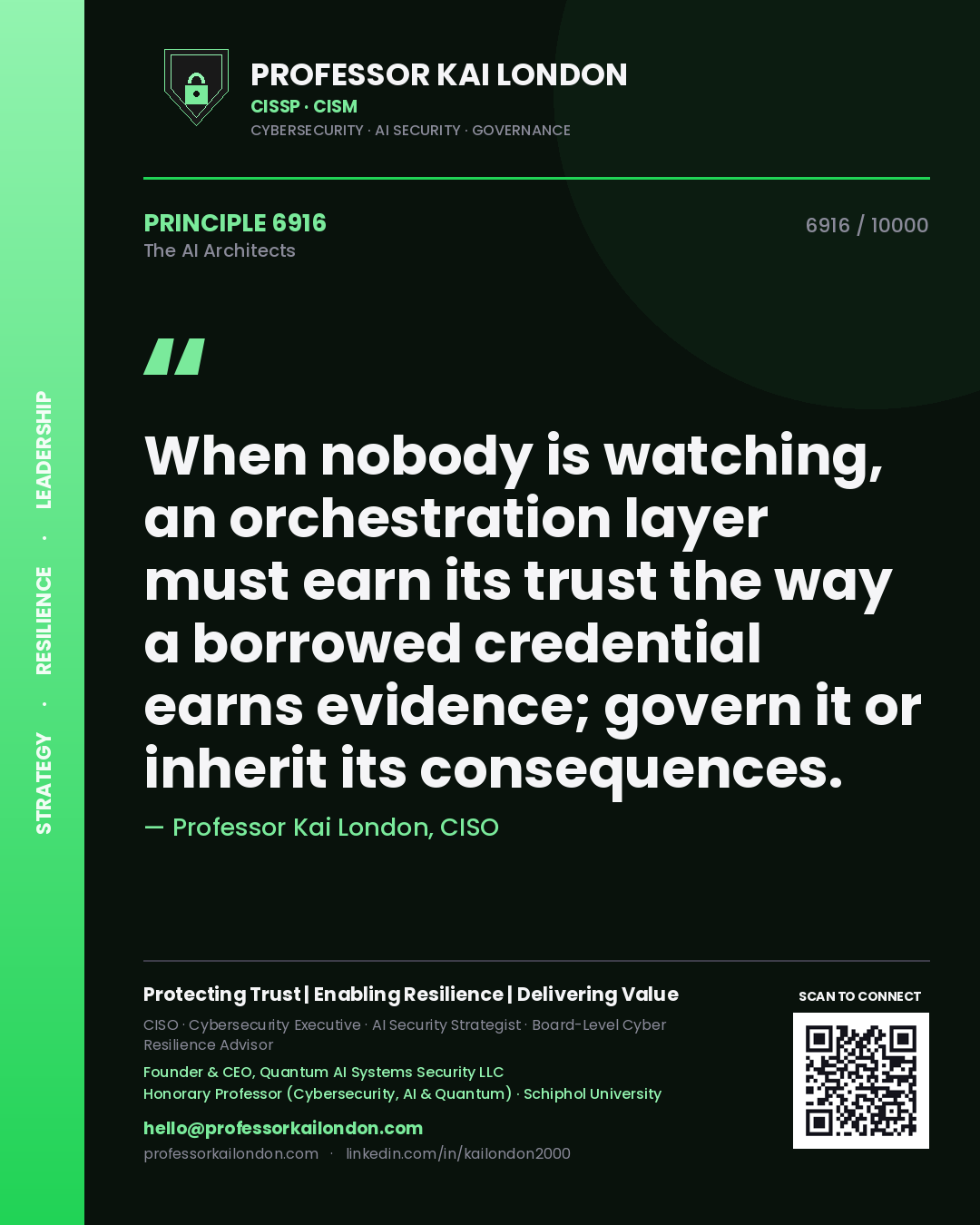 Quote card by Professor Kai London reading 'When nobody is watching, an orchestration layer must earn its trust the way a borrowed credential earns evidence; govern it or inherit its consequences.'. From the book The AI Architects.