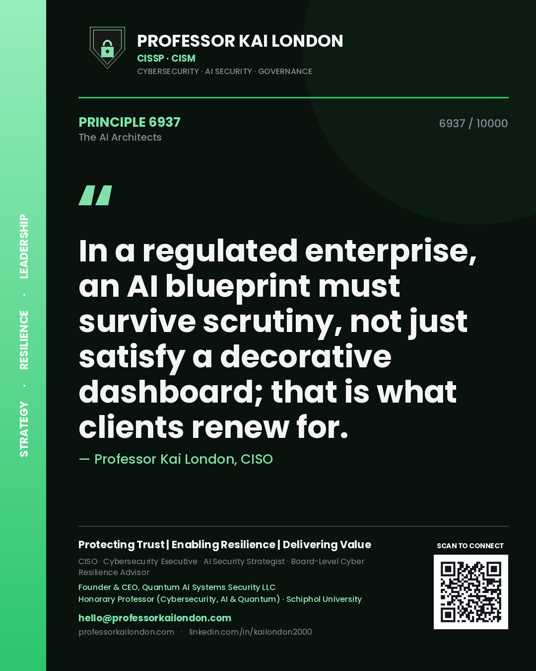 Quote card by Professor Kai London reading 'In a regulated enterprise, an AI blueprint must survive scrutiny, not just satisfy a decorative dashboard; that is what clients renew for.'. From the book The AI Architects.