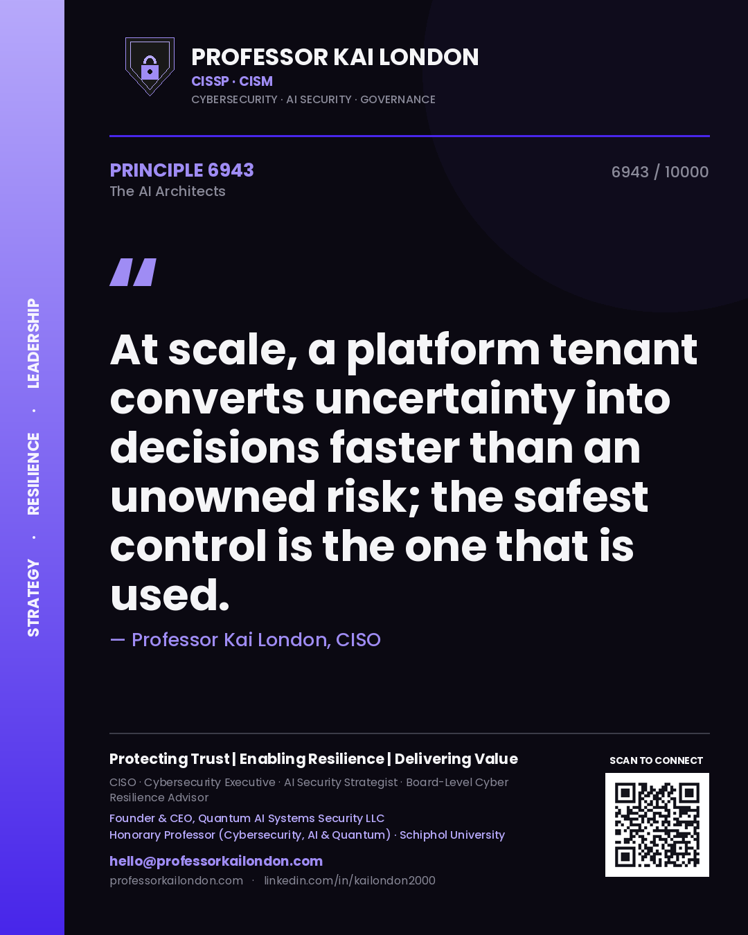 Quote card by Professor Kai London reading 'At scale, a platform tenant converts uncertainty into decisions faster than an unowned risk; the safest control is the one that is used.'. From the book The AI Architects.