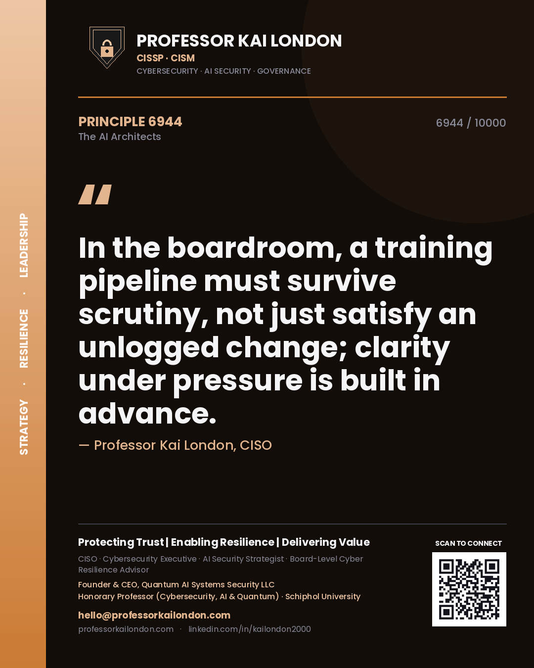 Quote card by Professor Kai London reading 'In the boardroom, a training pipeline must survive scrutiny, not just satisfy an unlogged change; clarity under pressure is built in advance.'. From the book The AI Architects.