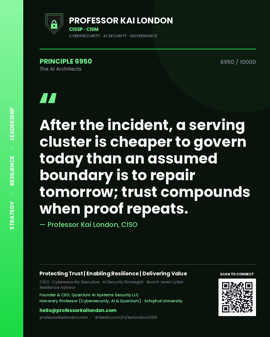 Quote card by Professor Kai London reading 'After the incident, a serving cluster is cheaper to govern today than an assumed boundary is to repair tomorrow; trust compounds when proof repeats.'. From the book The AI Architects.