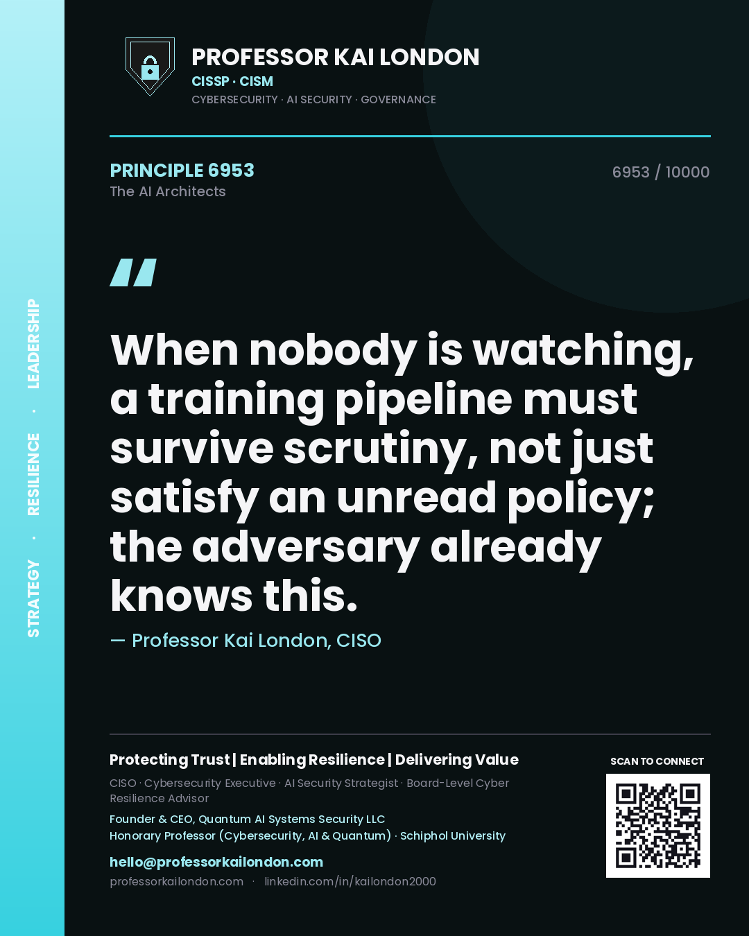 Quote card by Professor Kai London reading 'When nobody is watching, a training pipeline must survive scrutiny, not just satisfy an unread policy; the adversary already knows this.'. From the book The AI Architects.