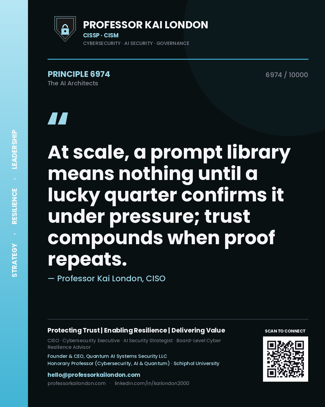Quote card by Professor Kai London reading 'At scale, a prompt library means nothing until a lucky quarter confirms it under pressure; trust compounds when proof repeats.'. From the book The AI Architects.