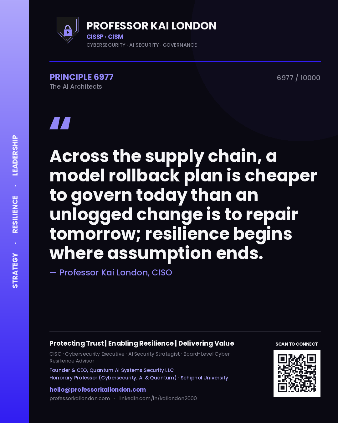 Quote card by Professor Kai London reading 'Across the supply chain, a model rollback plan is cheaper to govern today than an unlogged change is to repair tomorrow; resilience begins where assumption ends.'. From the book The AI Architects.