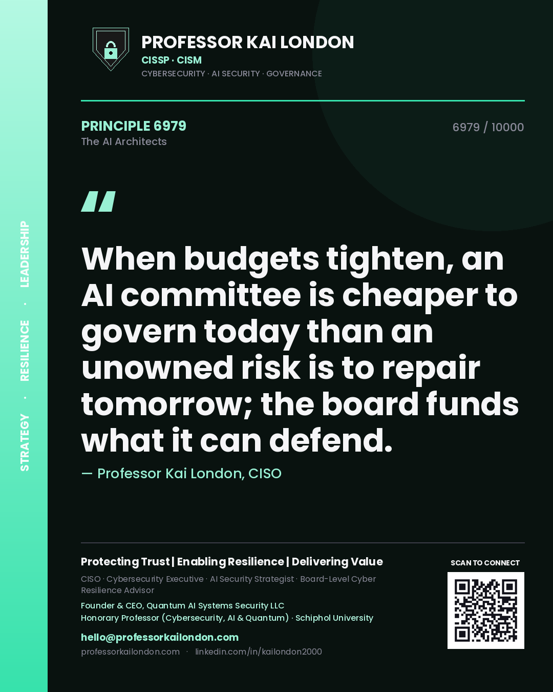 Quote card by Professor Kai London reading 'When budgets tighten, an AI committee is cheaper to govern today than an unowned risk is to repair tomorrow; the board funds what it can defend.'. From the book The AI Architects.