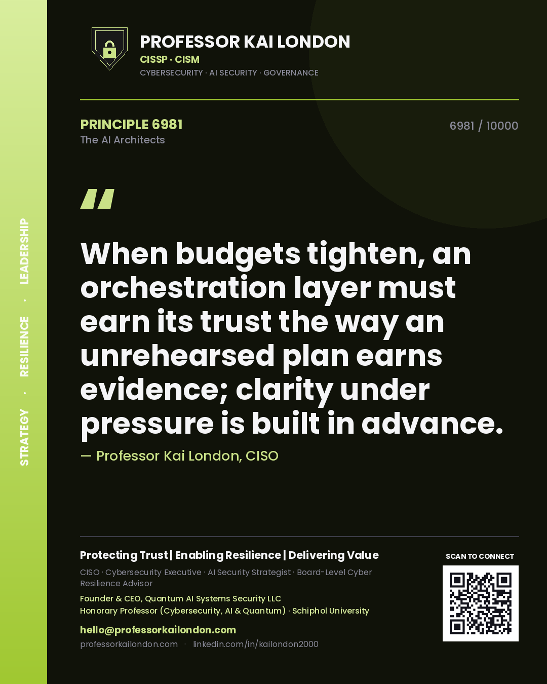 Quote card by Professor Kai London reading 'When budgets tighten, an orchestration layer must earn its trust the way an unrehearsed plan earns evidence; clarity under pressure is built in advance.'. From the book The AI Architects.