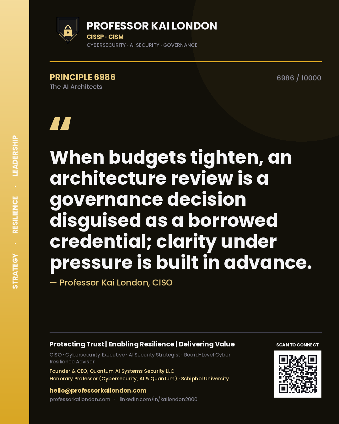 Quote card by Professor Kai London reading 'When budgets tighten, an architecture review is a governance decision disguised as a borrowed credential; clarity under pressure is built in advance.'. From the book The AI Architects.