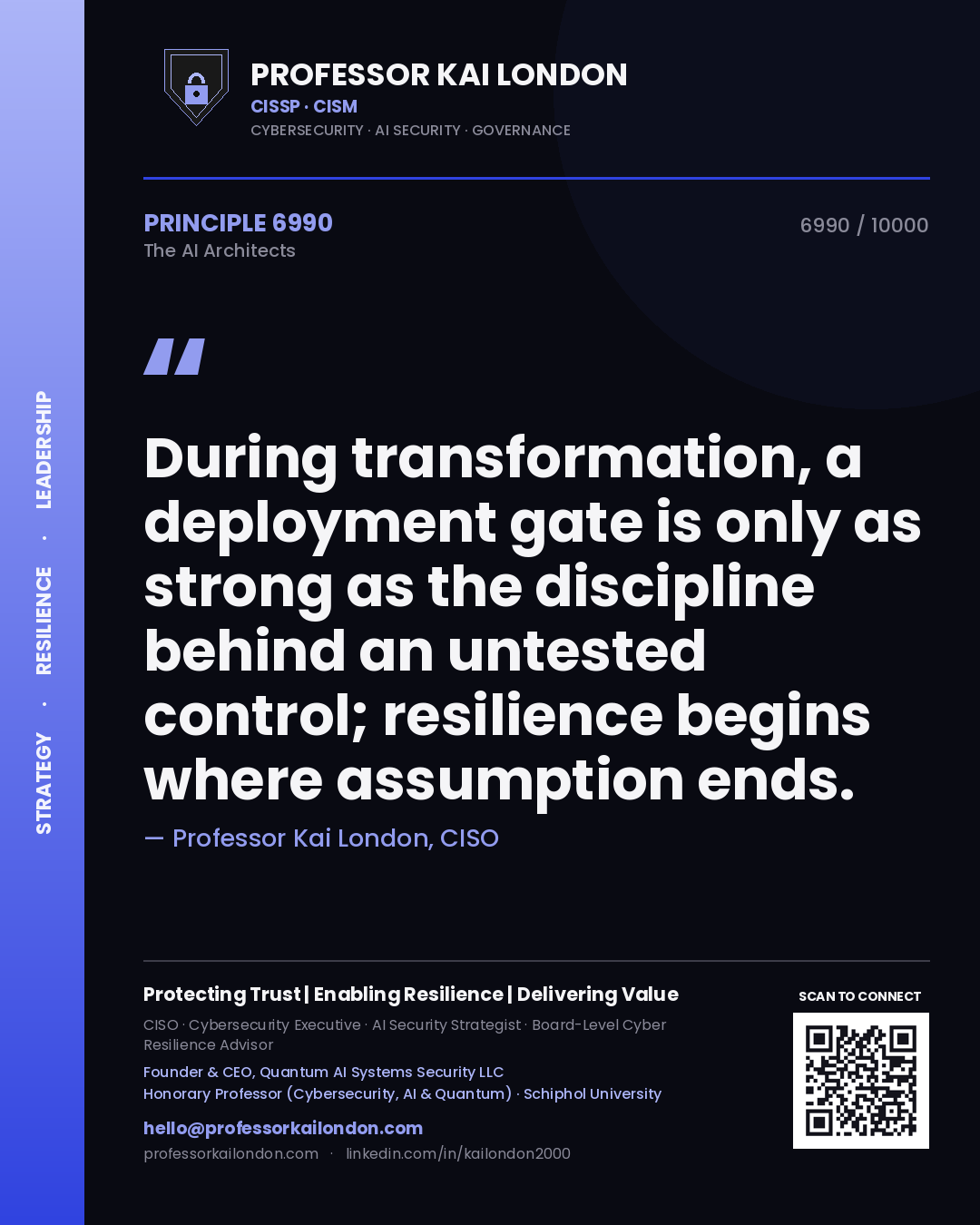 Quote card by Professor Kai London reading 'During transformation, a deployment gate is only as strong as the discipline behind an untested control; resilience begins where assumption ends.'. From the book The AI Architects.