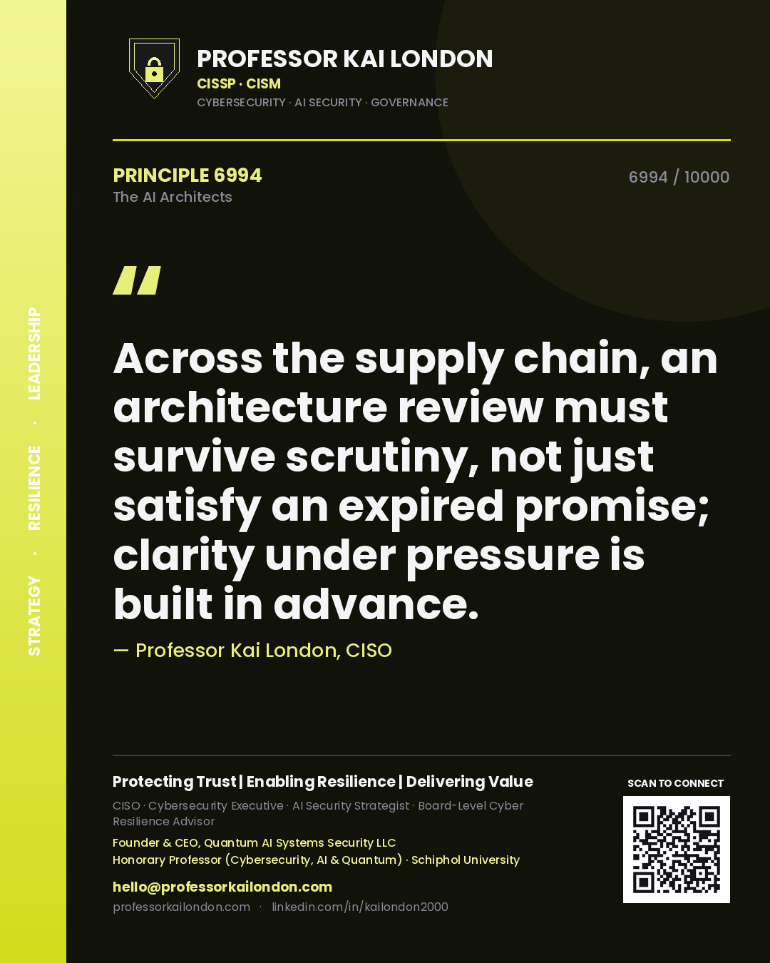 Quote card by Professor Kai London reading 'Across the supply chain, an architecture review must survive scrutiny, not just satisfy an expired promise; clarity under pressure is built in advance.'. From the book The AI Architects.