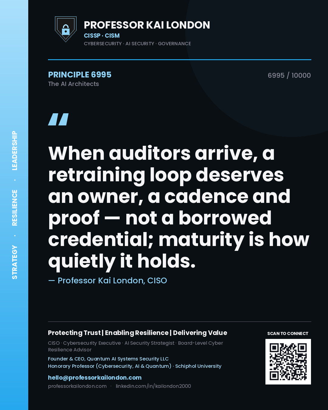 Quote card by Professor Kai London reading 'When auditors arrive, a retraining loop deserves an owner, a cadence and proof — not a borrowed credential; maturity is how quietly it holds.'. From the book The AI Architects.