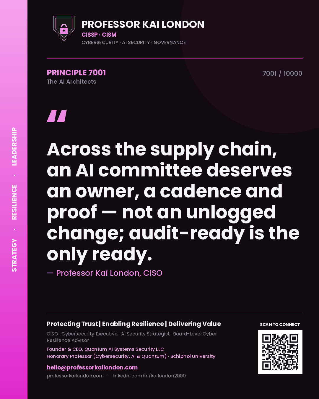 Quote card by Professor Kai London reading 'Across the supply chain, an AI committee deserves an owner, a cadence and proof — not an unlogged change; audit-ready is the only ready.'. From the book The AI Architects.
