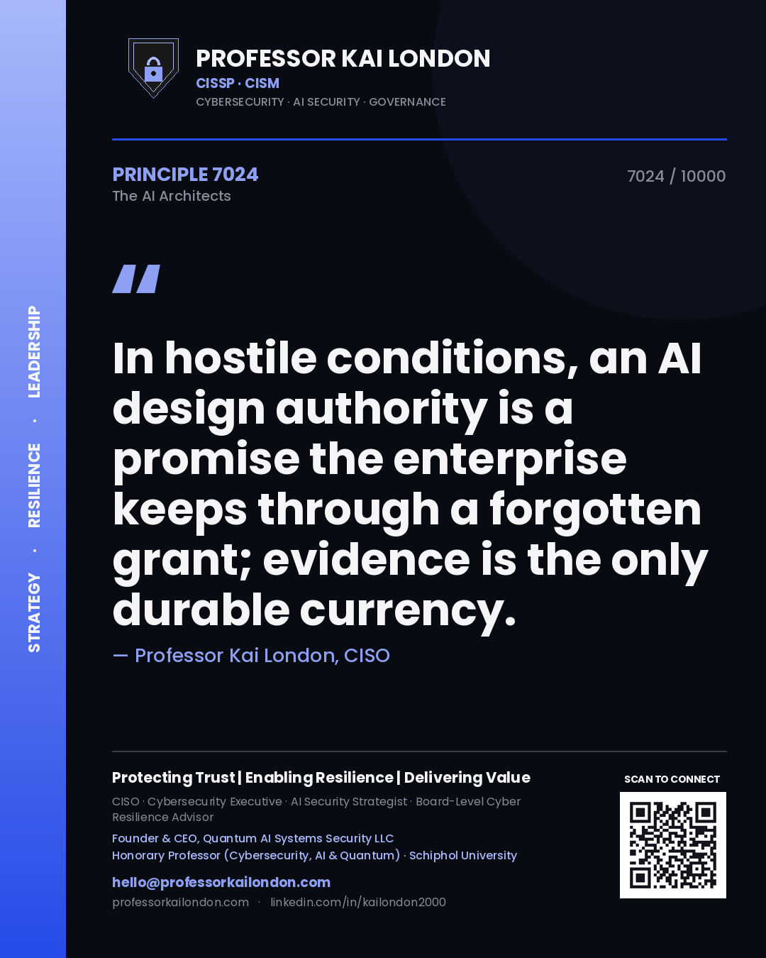 Quote card by Professor Kai London reading 'In hostile conditions, an AI design authority is a promise the enterprise keeps through a forgotten grant; evidence is the only durable currency.'. From the book The AI Architects.
