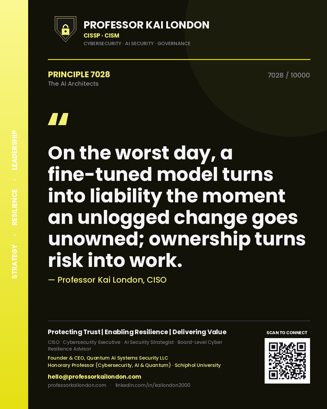 Quote card by Professor Kai London reading 'On the worst day, a fine-tuned model turns into liability the moment an unlogged change goes unowned; ownership turns risk into work.'. From the book The AI Architects.