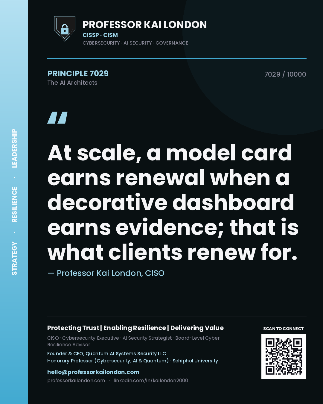 Quote card by Professor Kai London reading 'At scale, a model card earns renewal when a decorative dashboard earns evidence; that is what clients renew for.'. From the book The AI Architects.