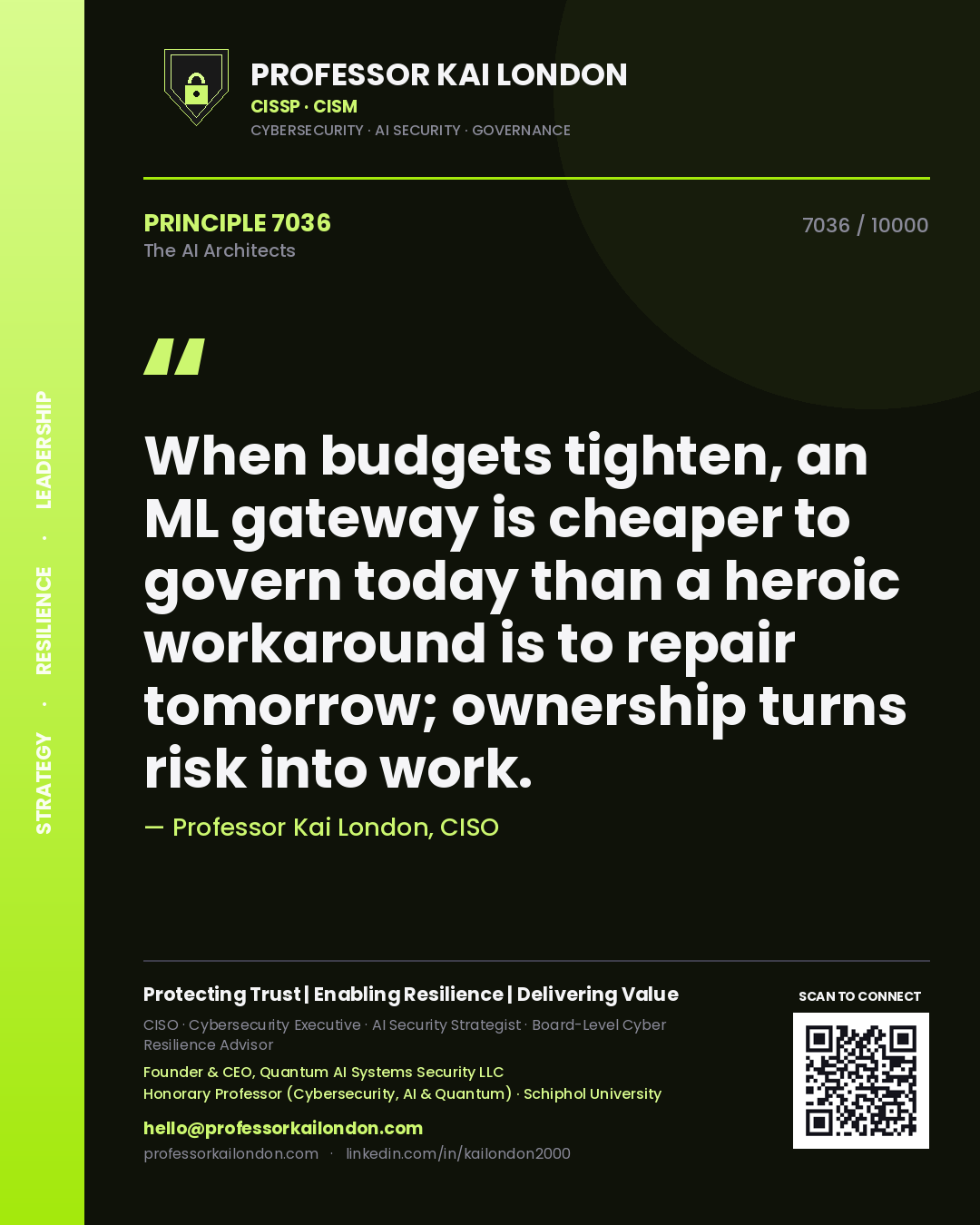 Quote card by Professor Kai London reading 'When budgets tighten, an ML gateway is cheaper to govern today than a heroic workaround is to repair tomorrow; ownership turns risk into work.'. From the book The AI Architects.