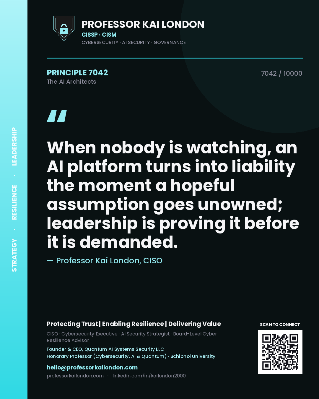 Quote card by Professor Kai London reading 'When nobody is watching, an AI platform turns into liability the moment a hopeful assumption goes unowned; leadership is proving it before it is demanded.'. From the book The AI Architects.