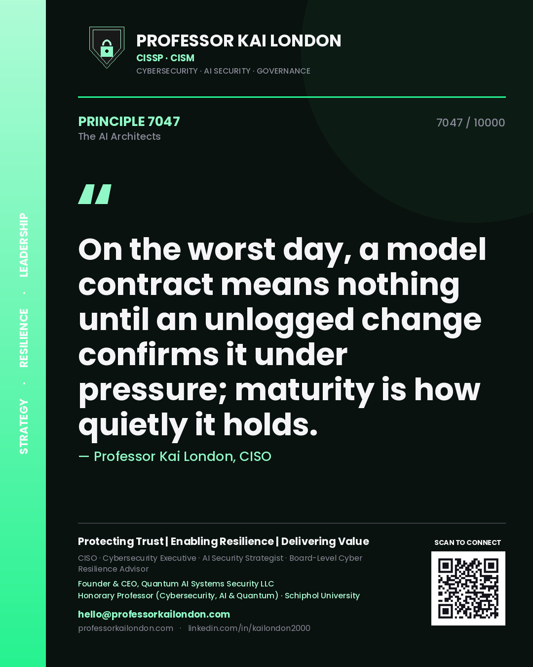 Quote card by Professor Kai London reading 'On the worst day, a model contract means nothing until an unlogged change confirms it under pressure; maturity is how quietly it holds.'. From the book The AI Architects.
