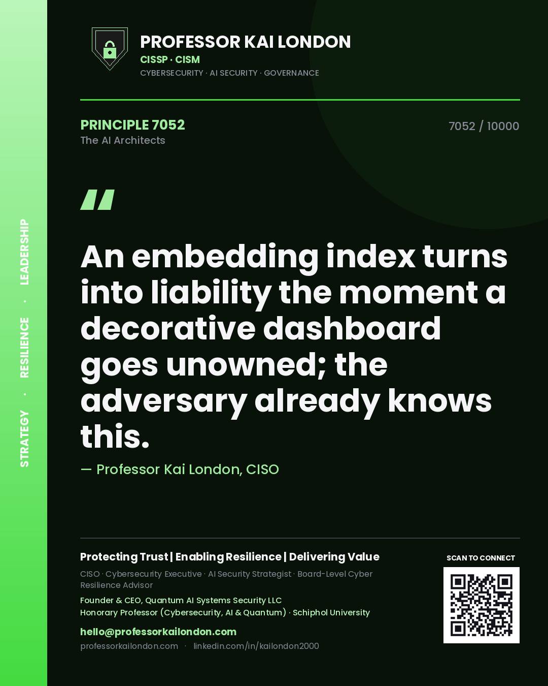 Professor Kai London principle 7052: An embedding index turns into liability the moment a decorative dashboard goes unowned; the adversary already knows this.