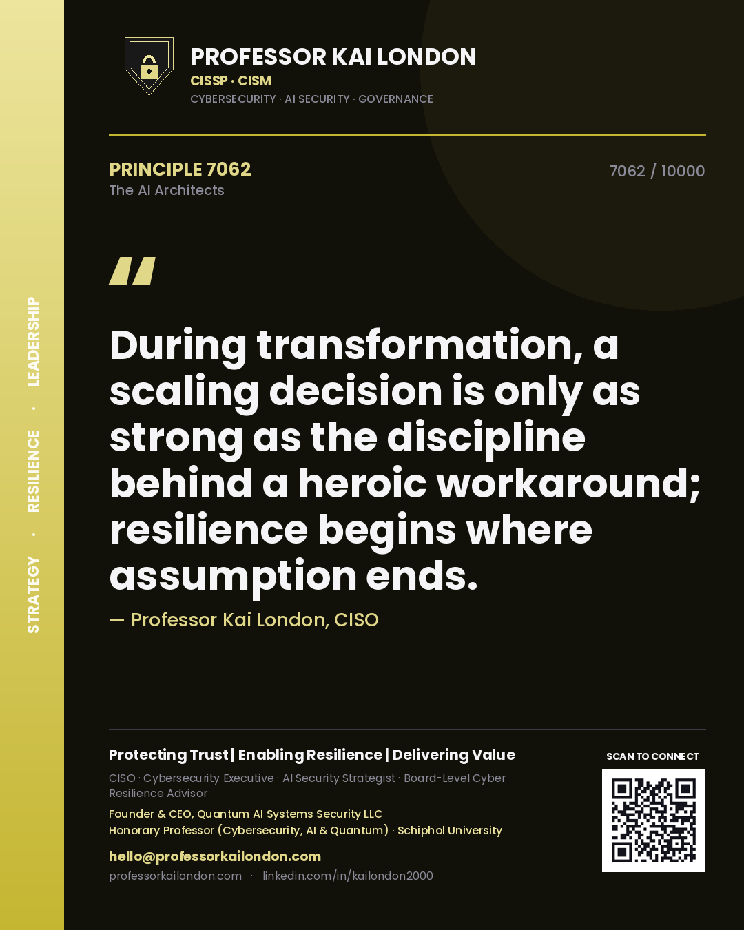 Quote card by Professor Kai London reading 'During transformation, a scaling decision is only as strong as the discipline behind a heroic workaround; resilience begins where assumption ends.'. From the book The AI Architects.