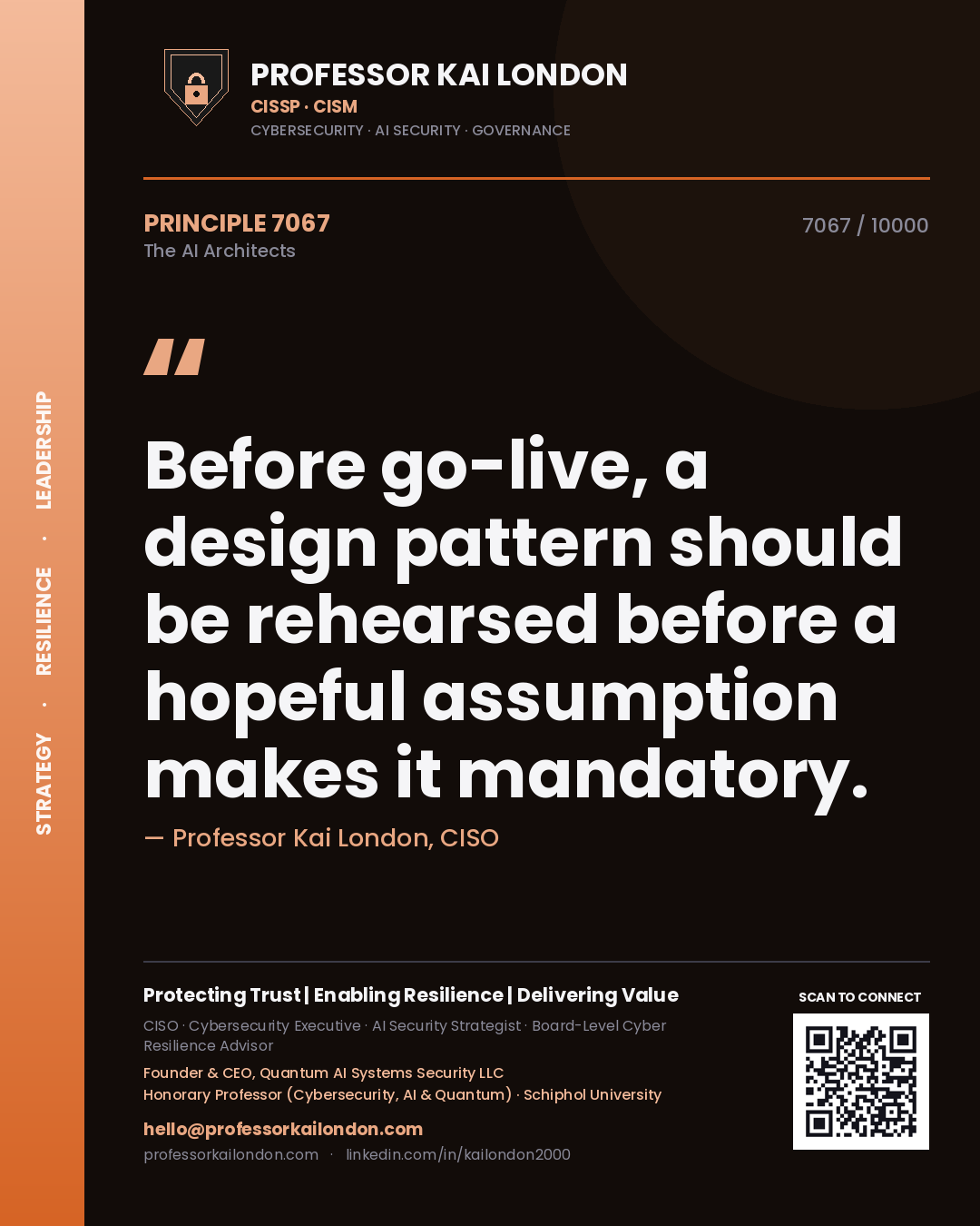 Quote card by Professor Kai London reading 'Before go-live, a design pattern should be rehearsed before a hopeful assumption makes it mandatory.'. From the book The AI Architects.