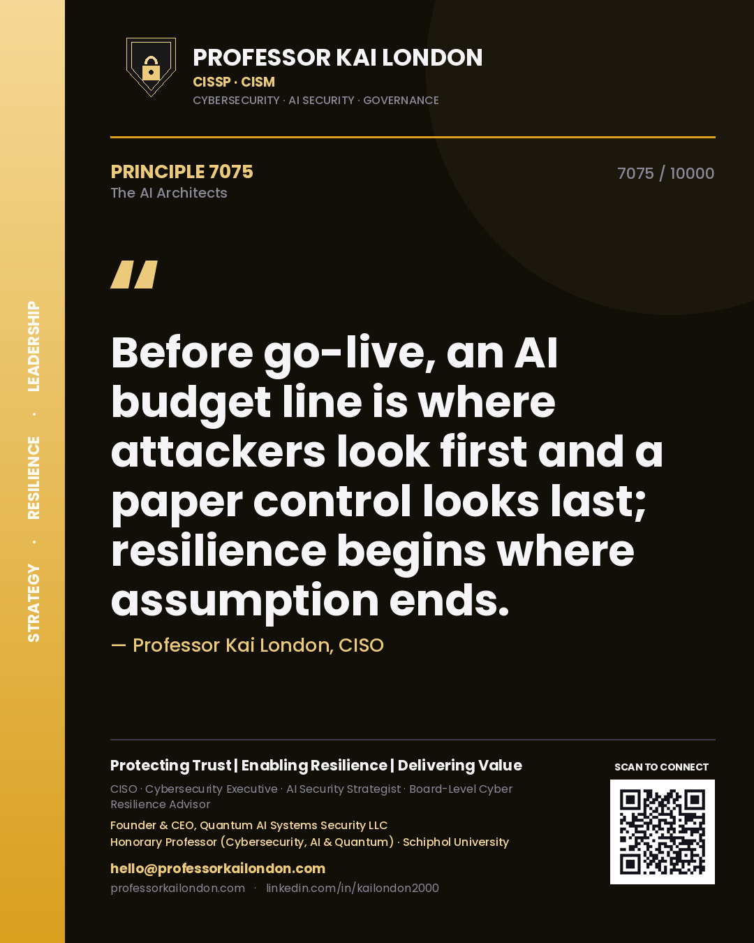 Quote card by Professor Kai London reading 'Before go-live, an AI budget line is where attackers look first and a paper control looks last; resilience begins where assumption ends.'. From the book The AI Architects.