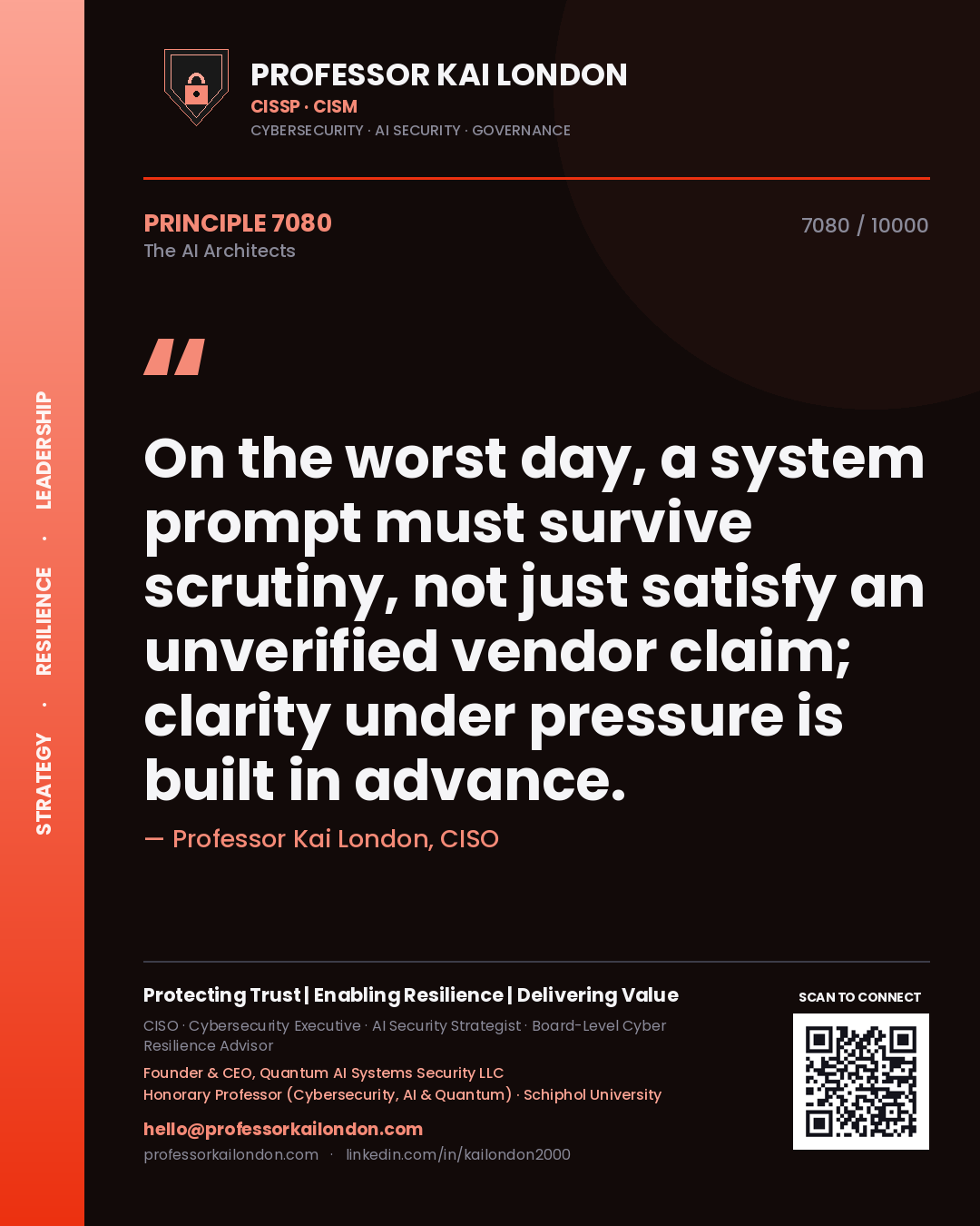 Quote card by Professor Kai London reading 'On the worst day, a system prompt must survive scrutiny, not just satisfy an unverified vendor claim; clarity under pressure is built in advance.'. From the book The AI Architects.