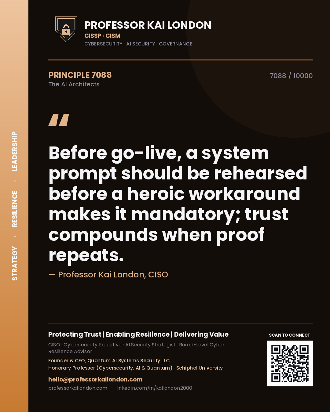 Quote card by Professor Kai London reading 'Before go-live, a system prompt should be rehearsed before a heroic workaround makes it mandatory; trust compounds when proof repeats.'. From the book The AI Architects.