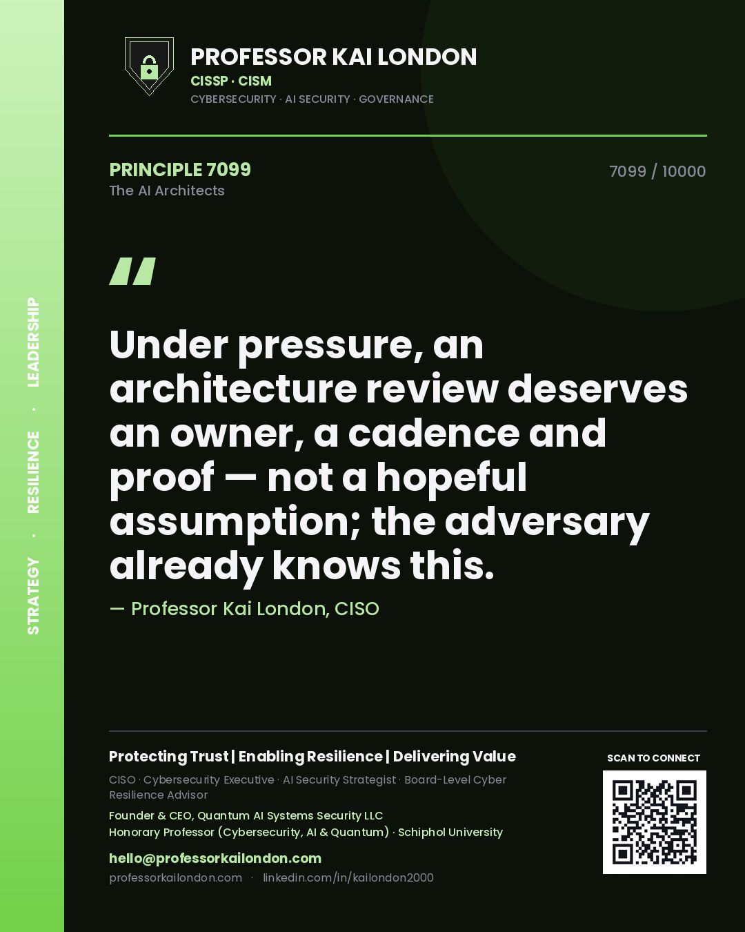 Quote card by Professor Kai London reading 'Under pressure, an architecture review deserves an owner, a cadence and proof — not a hopeful assumption; the adversary already knows this.'. From the book The AI Architects.