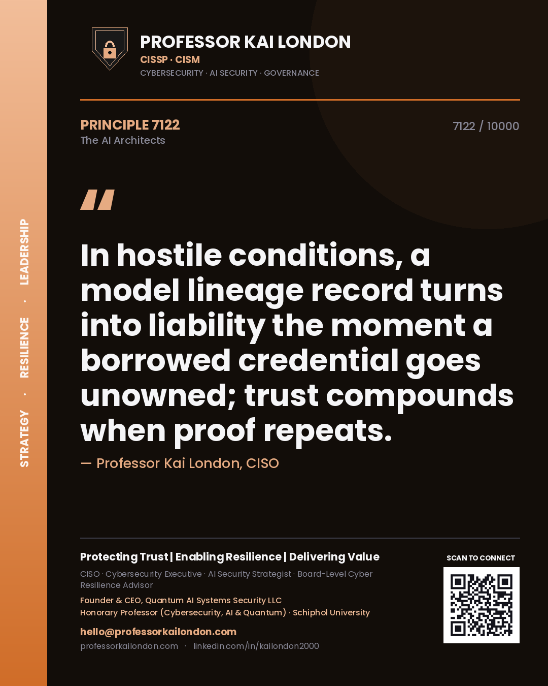 Professor Kai London principle 7122: In hostile conditions, a model lineage record turns into liability the moment a borrowed credential goes unowned; trust compounds when proof repeats.