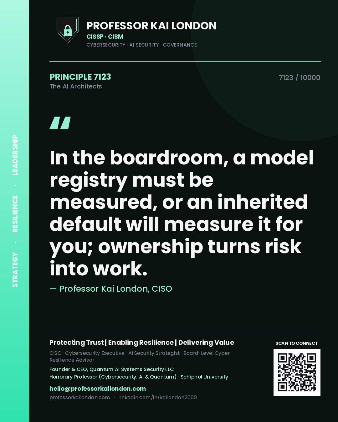 Quote card by Professor Kai London reading 'In the boardroom, a model registry must be measured, or an inherited default will measure it for you; ownership turns risk into work.'. From the book The AI Architects.