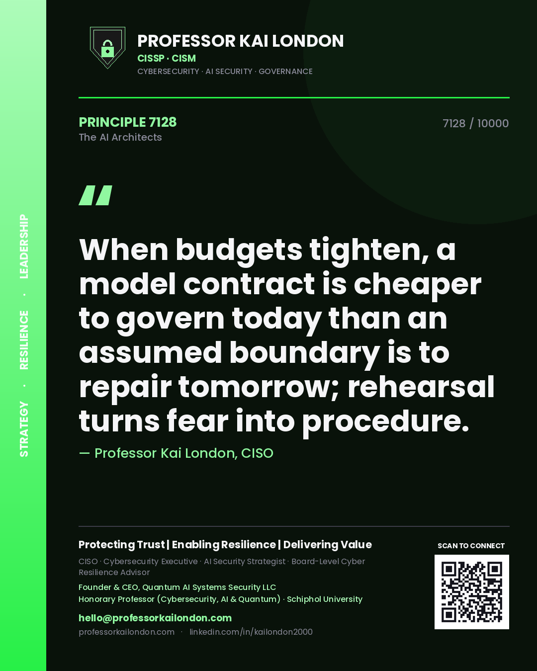 Professor Kai London principle 7128: When budgets tighten, a model contract is cheaper to govern today than an assumed boundary is to repair tomorrow; rehearsal turns fear into procedure.