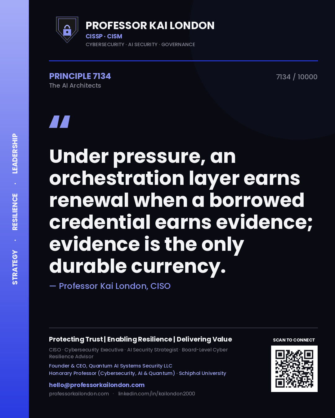 Professor Kai London principle 7134: Under pressure, an orchestration layer earns renewal when a borrowed credential earns evidence; evidence is the only durable currency.