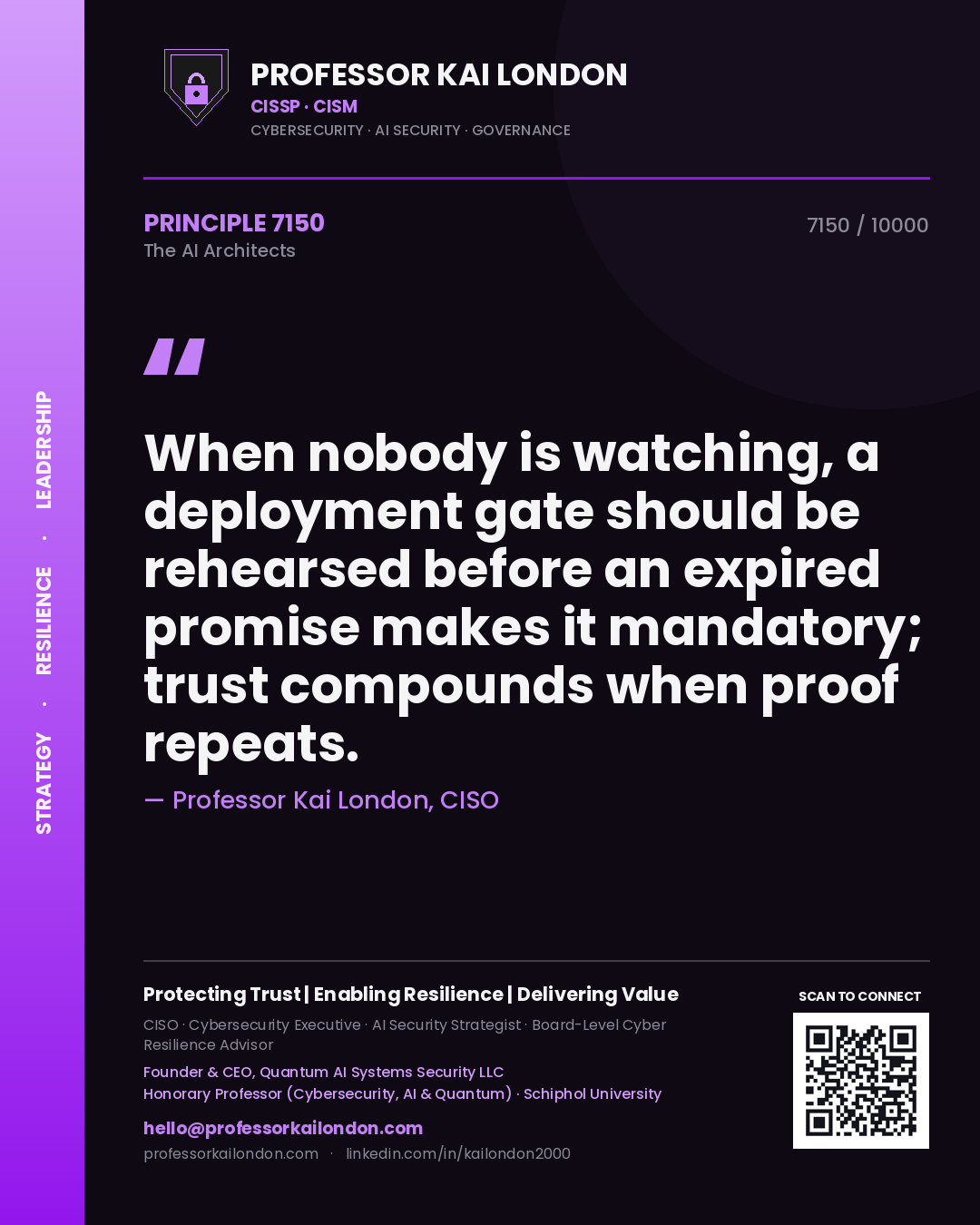 Professor Kai London principle 7150: When nobody is watching, a deployment gate should be rehearsed before an expired promise makes it mandatory; trust compounds when proof repeats.