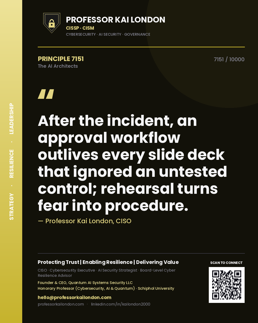 Professor Kai London principle 7151: After the incident, an approval workflow outlives every slide deck that ignored an untested control; rehearsal turns fear into procedure.