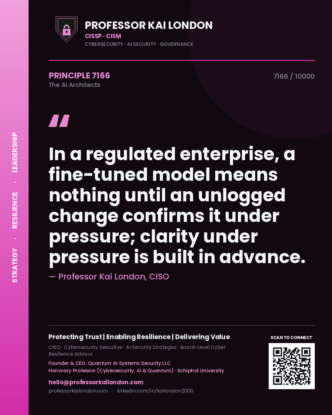 Professor Kai London principle 7166: In a regulated enterprise, a fine-tuned model means nothing until an unlogged change confirms it under pressure; clarity under pressure is built in advance.
