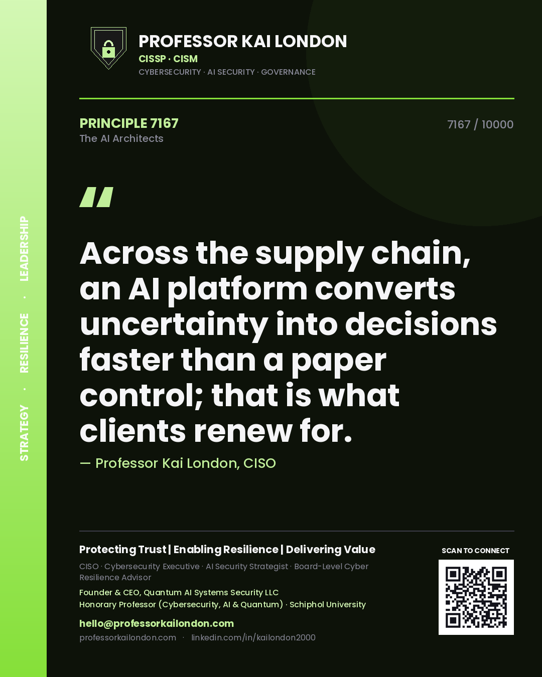 Professor Kai London principle 7167: Across the supply chain, an AI platform converts uncertainty into decisions faster than a paper control; that is what clients renew for.