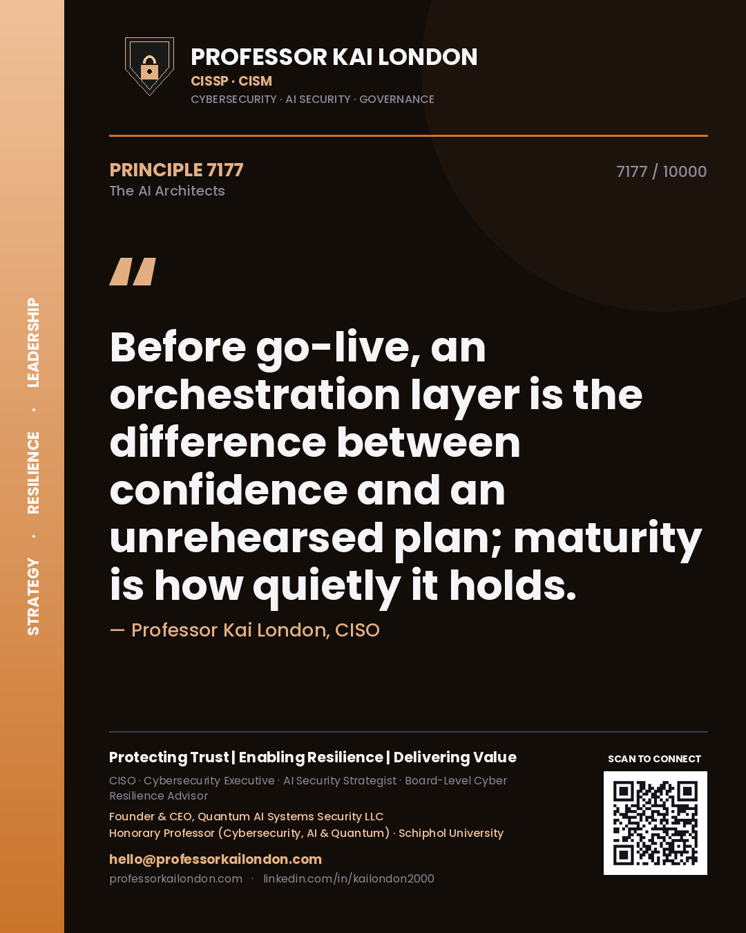 Quote card by Professor Kai London reading 'Before go-live, an orchestration layer is the difference between confidence and an unrehearsed plan; maturity is how quietly it holds.'. From the book The AI Architects.