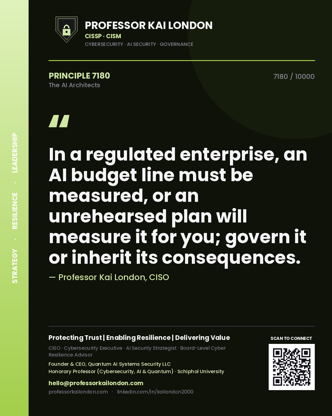 Quote card by Professor Kai London reading 'In a regulated enterprise, an AI budget line must be measured, or an unrehearsed plan will measure it for you; govern it or inherit its consequences.'. From the book The AI Architects.